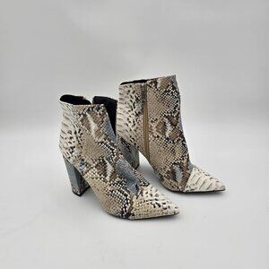 Snakeskin Print Pointed Toe Ankle Boots  Beige & Brown Faux Leather 4" Heels